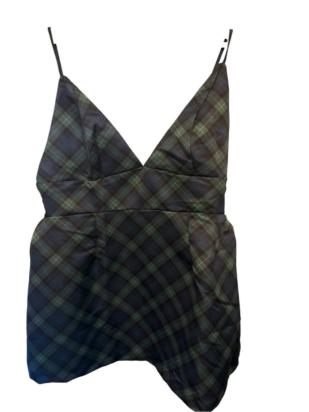 Kimchi Blue Green and Black Plaid Mini Dress with Spaghetti Straps